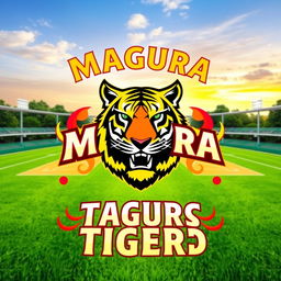 A vibrant and dynamic graphic featuring the cricket team name "Magura Tigers" prominently displayed at the top