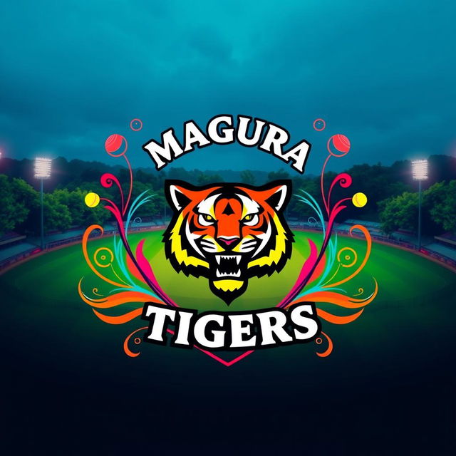 A vibrant and dynamic graphic featuring the cricket team name "Magura Tigers" prominently displayed at the top