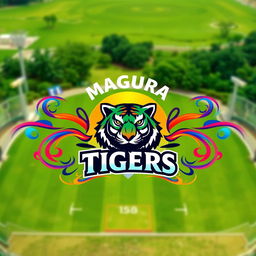 A vibrant and dynamic graphic featuring the cricket team name "Magura Tigers" prominently displayed at the top