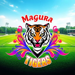 A vibrant and dynamic graphic featuring the cricket team name "Magura Tigers" prominently displayed at the top
