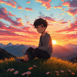 A melancholic anime character, a young boy, sitting on a grassy hilltop during a stunning sunset in Switzerland