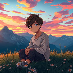 A melancholic anime character, a young boy, sitting on a grassy hilltop during a stunning sunset in Switzerland
