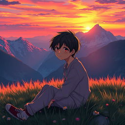 A melancholic anime character, a young boy, sitting on a grassy hilltop during a stunning sunset in Switzerland