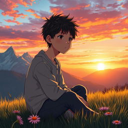 A melancholic anime character, a young boy, sitting on a grassy hilltop during a stunning sunset in Switzerland