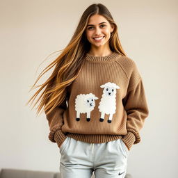 A young woman with long, flowing hair, wearing light gray sporty trousers and a cozy brown knitted sweater featuring an adorable design of two sheep