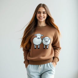 A young woman with long, flowing hair, wearing light gray sporty trousers and a cozy brown knitted sweater featuring an adorable design of two sheep