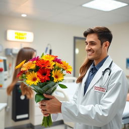 A young male doctor wearing a classic white coat with an Emergency Physician tag, smiling warmly as he hands a vibrant flower bouquet to a beautiful female patient in a brightly-lit emergency room