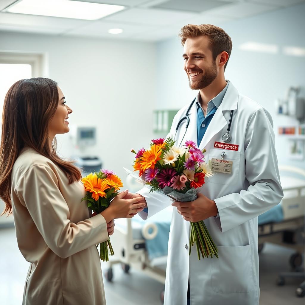 A young male doctor wearing a classic white coat with an Emergency Physician tag, smiling warmly as he hands a vibrant flower bouquet to a beautiful female patient in a brightly-lit emergency room