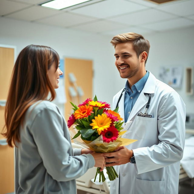 A young male doctor wearing a classic white coat with an Emergency Physician tag, smiling warmly as he hands a vibrant flower bouquet to a beautiful female patient in a brightly-lit emergency room