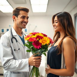 A young male doctor wearing a classic white coat with an Emergency Physician tag, smiling warmly as he hands a vibrant flower bouquet to a beautiful female patient in a brightly-lit emergency room