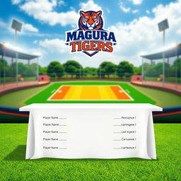 A visually appealing graphic design featuring a cricket team logo at the top, titled 'Magura Tigers'