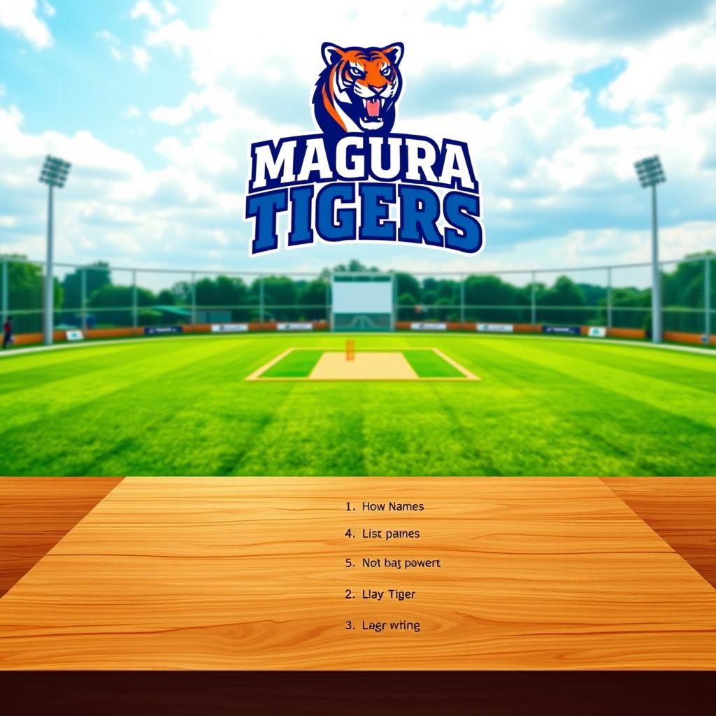 A visually appealing graphic design featuring a cricket team logo at the top, titled 'Magura Tigers'