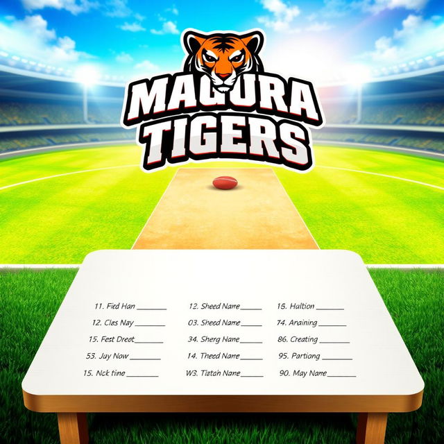 A visually appealing graphic design featuring a cricket team logo at the top, titled 'Magura Tigers'