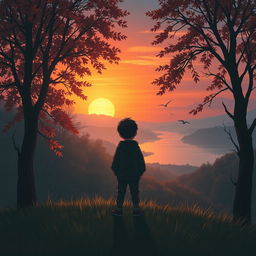 A melancholic scene depicting a sad boy standing alone, gazing wistfully at a beautiful yet fading natural landscape