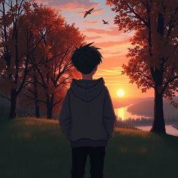 A melancholic scene depicting a sad boy standing alone, gazing wistfully at a beautiful yet fading natural landscape
