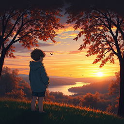 A melancholic scene depicting a sad boy standing alone, gazing wistfully at a beautiful yet fading natural landscape