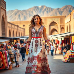 Jennifer Lopez, gracefully walking through the historic streets of Iran, adorned in a beautiful traditional Persian dress that elegantly blends modern style with cultural heritage