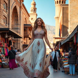 Jennifer Lopez, gracefully walking through the historic streets of Iran, adorned in a beautiful traditional Persian dress that elegantly blends modern style with cultural heritage