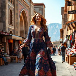 Jennifer Lopez, gracefully walking through the historic streets of Iran, adorned in a beautiful traditional Persian dress that elegantly blends modern style with cultural heritage