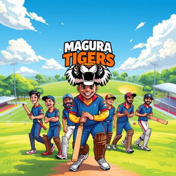 A vibrant and dynamic illustration featuring a cricket team called 'Magura Tigers
