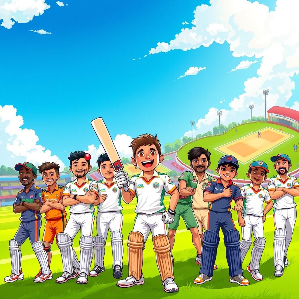 A vibrant and dynamic illustration featuring a cricket team called 'Magura Tigers