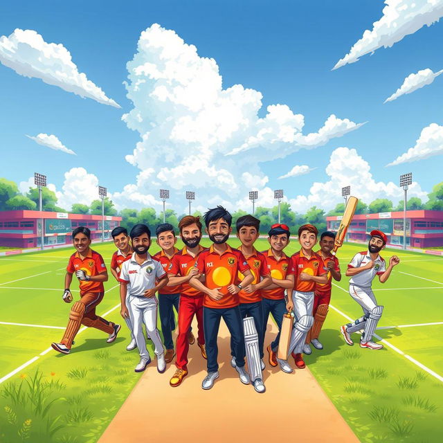 A vibrant and dynamic illustration featuring a cricket team called 'Magura Tigers