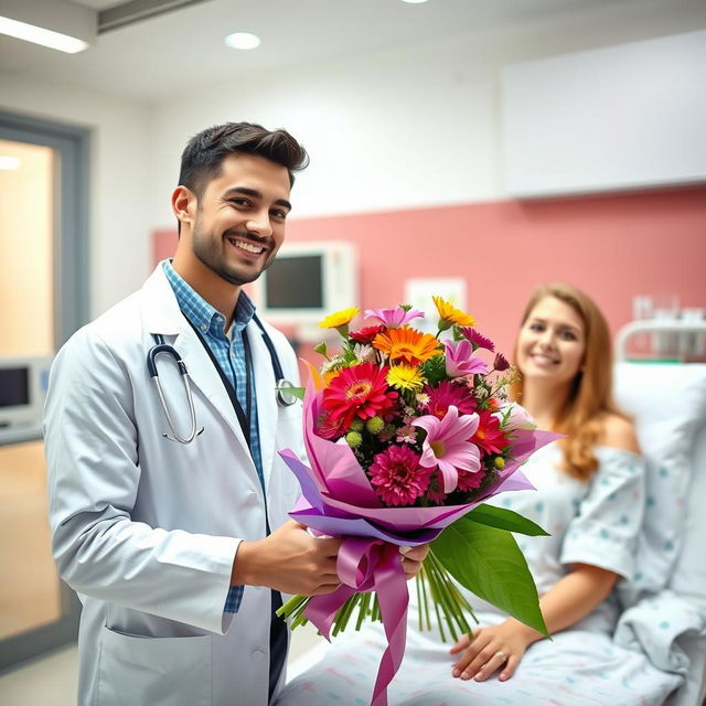 A young male doctor wearing a crisp white coat with an 'Emergency Physician' tag, smiling warmly as he presents a vibrant flower bouquet to a beautiful female patient in an Emergency treatment unit