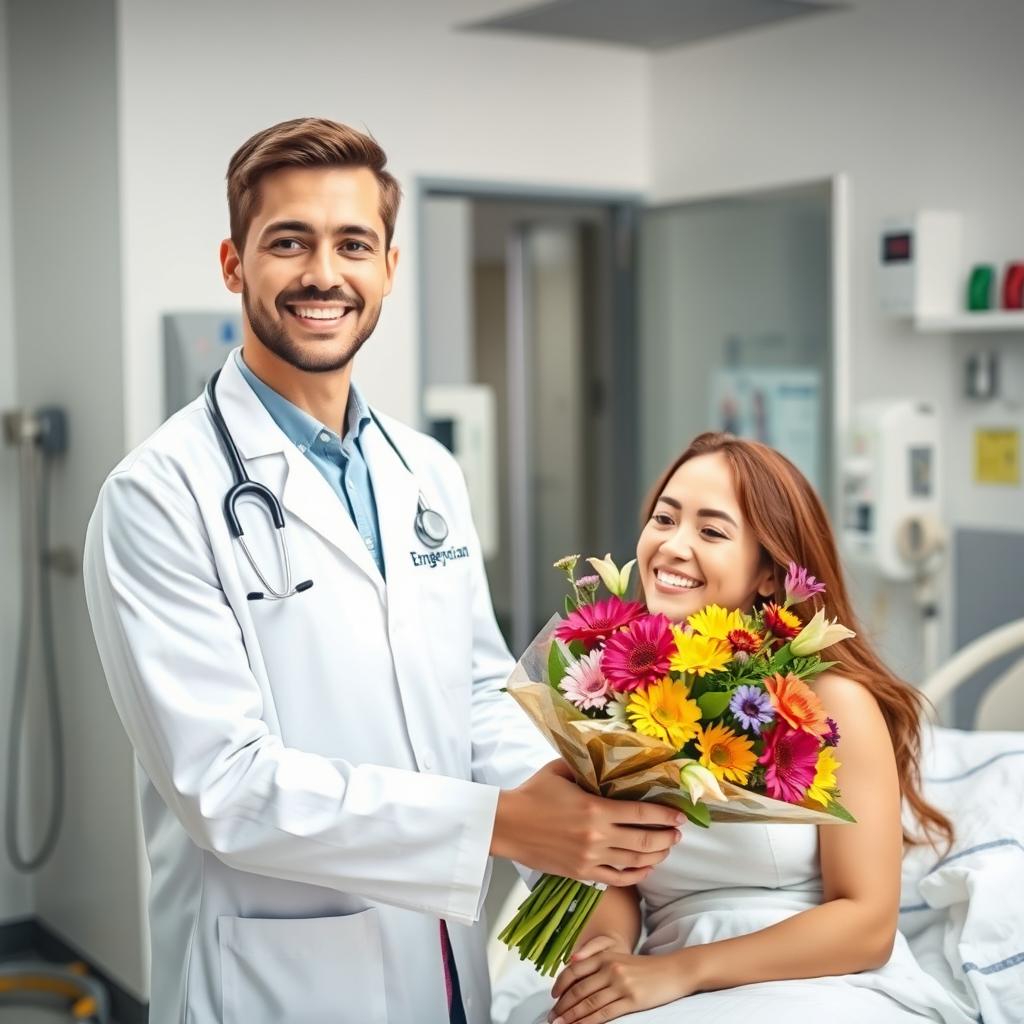 A young male doctor wearing a crisp white coat with an 'Emergency Physician' tag, smiling warmly as he presents a vibrant flower bouquet to a beautiful female patient in an Emergency treatment unit