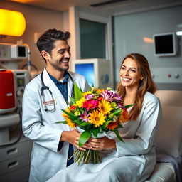A young male doctor wearing a crisp white coat with an 'Emergency Physician' tag, smiling warmly as he presents a vibrant flower bouquet to a beautiful female patient in an Emergency treatment unit