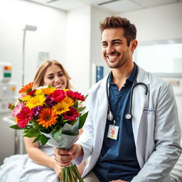 A young male doctor wearing a crisp white coat with an 'Emergency Physician' tag, smiling warmly as he presents a vibrant flower bouquet to a beautiful female patient in an Emergency treatment unit