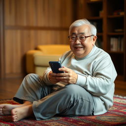 An elderly Korean man, around 65 years old, with a round figure and white hair