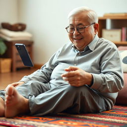 An elderly Korean man, around 65 years old, with a round figure and white hair