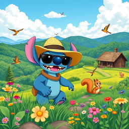 A vibrant and whimsical scene featuring Stitch from Disney's Lilo & Stitch, embarking on an adventurous journey through the lush landscapes of North Carolina