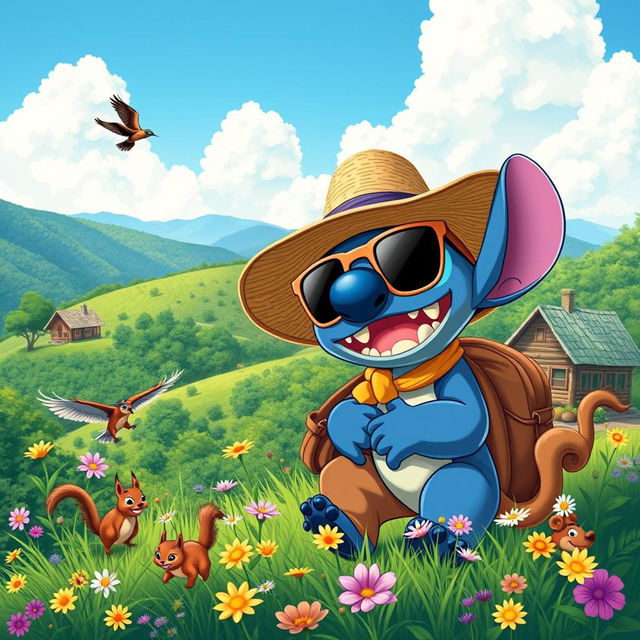 A vibrant and whimsical scene featuring Stitch from Disney's Lilo & Stitch, embarking on an adventurous journey through the lush landscapes of North Carolina