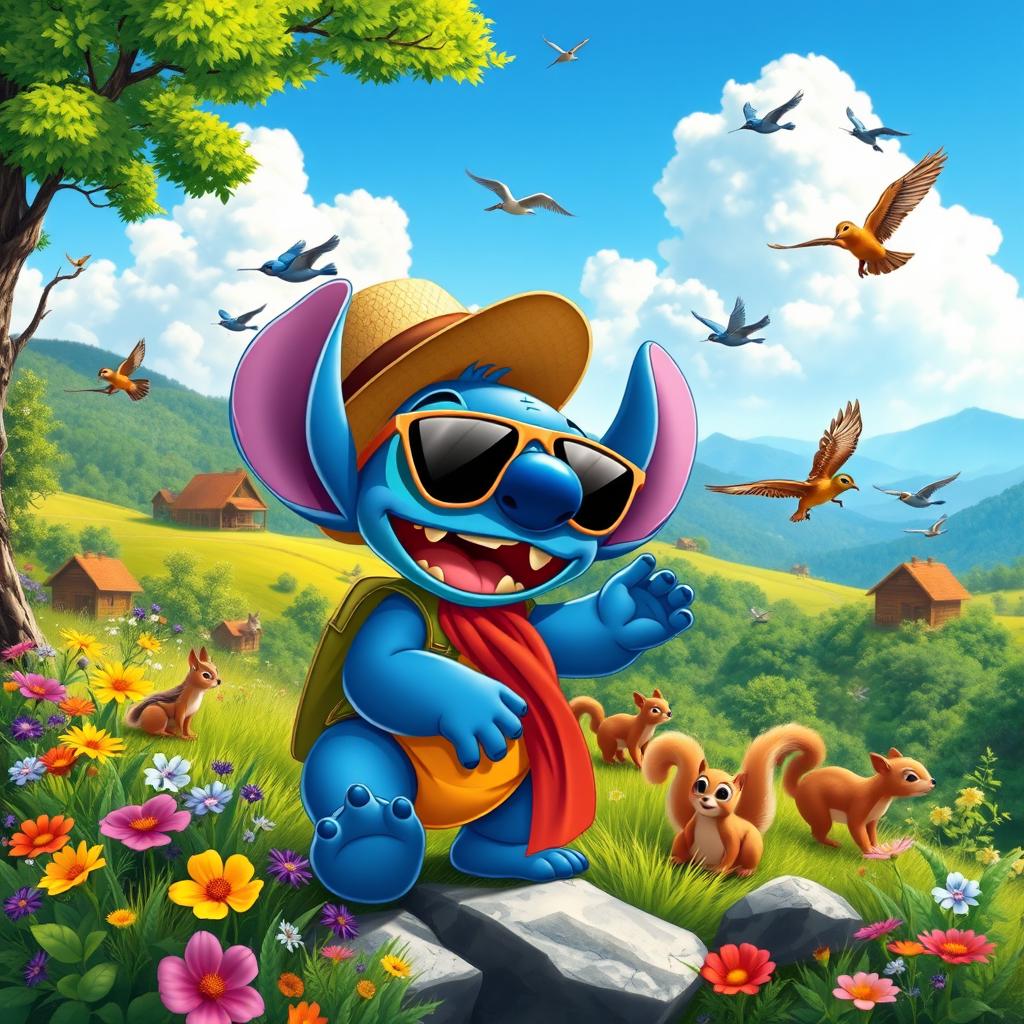 A vibrant and whimsical scene featuring Stitch from Disney's Lilo & Stitch, embarking on an adventurous journey through the lush landscapes of North Carolina