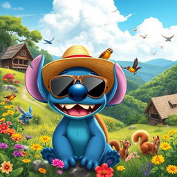 A vibrant and whimsical scene featuring Stitch from Disney's Lilo & Stitch, embarking on an adventurous journey through the lush landscapes of North Carolina