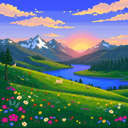 A vibrant pixel art landscape depicting a tranquil scene