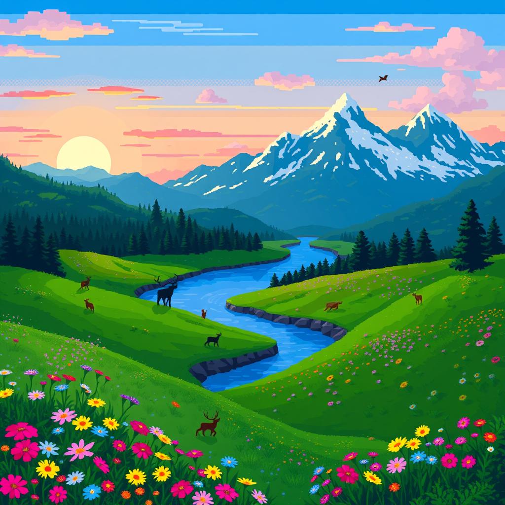 A vibrant pixel art landscape depicting a tranquil scene