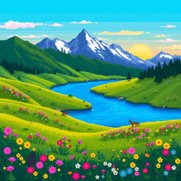 A vibrant pixel art landscape depicting a tranquil scene