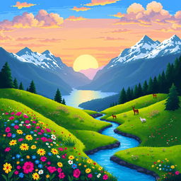 A vibrant pixel art landscape depicting a tranquil scene