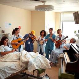A group of five emergency doctors, diverse in gender and ethnicity, happily playing a variety of musical instruments inside a bright and cheerful emergency room