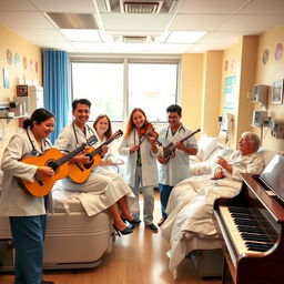 A group of five emergency doctors, diverse in gender and ethnicity, happily playing a variety of musical instruments inside a bright and cheerful emergency room