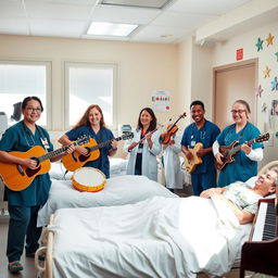A group of five emergency doctors, diverse in gender and ethnicity, happily playing a variety of musical instruments inside a bright and cheerful emergency room