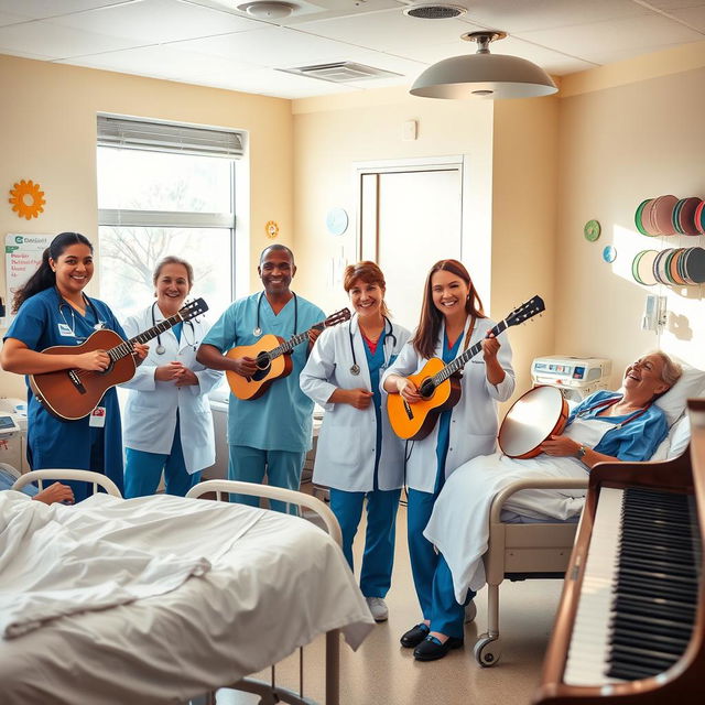 A group of five emergency doctors, diverse in gender and ethnicity, happily playing a variety of musical instruments inside a bright and cheerful emergency room