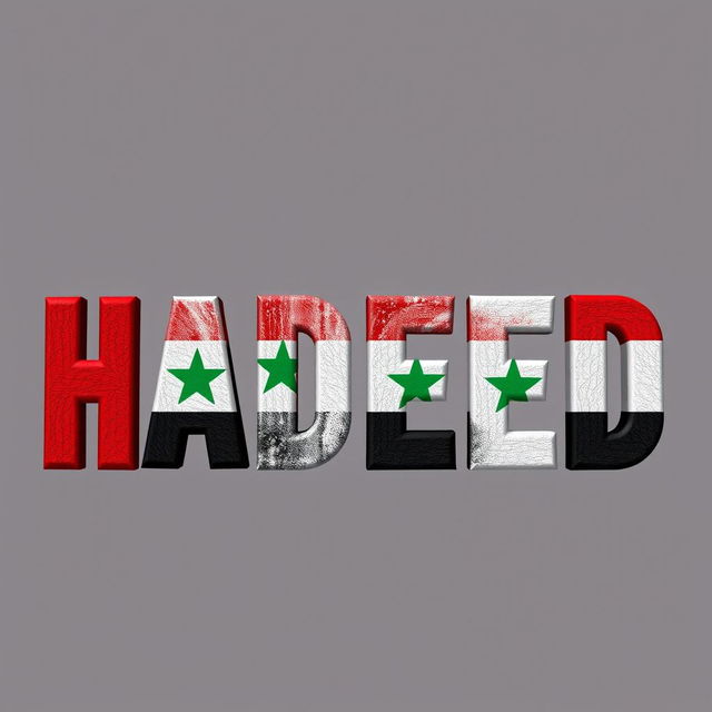 The word 'HADEED' artistically designed with the colors of the Syrian flag, featuring vibrant red, white, and black hues