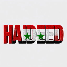 The word 'HADEED' artistically designed with the colors of the Syrian flag, featuring vibrant red, white, and black hues