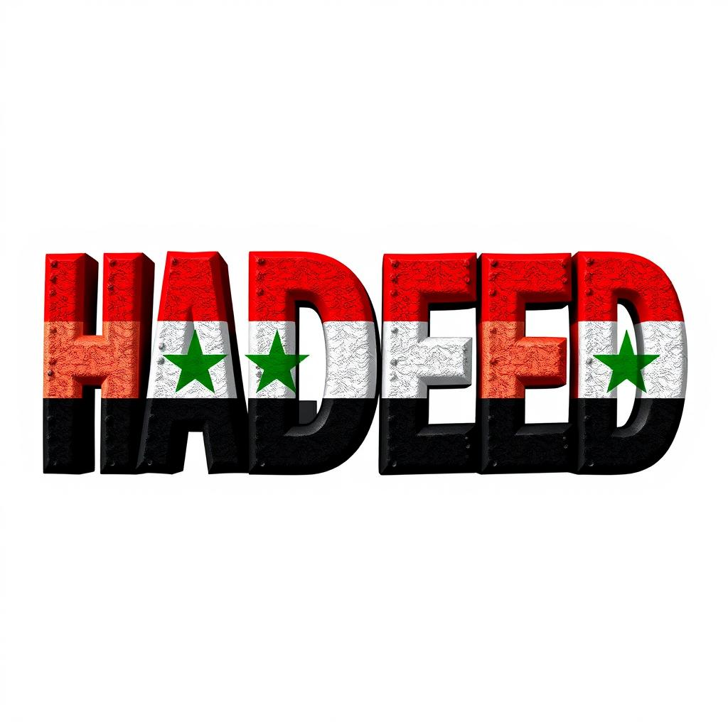 The word 'HADEED' artistically designed with the colors of the Syrian flag, featuring vibrant red, white, and black hues