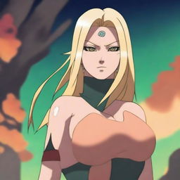 A digital art image in the style of Naruto, featuring Tsunade, a prominent character from the series