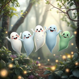 Five playful, friendly ghosts floating together in a whimsical, enchanted forest