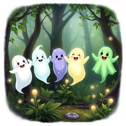Five playful, friendly ghosts floating together in a whimsical, enchanted forest